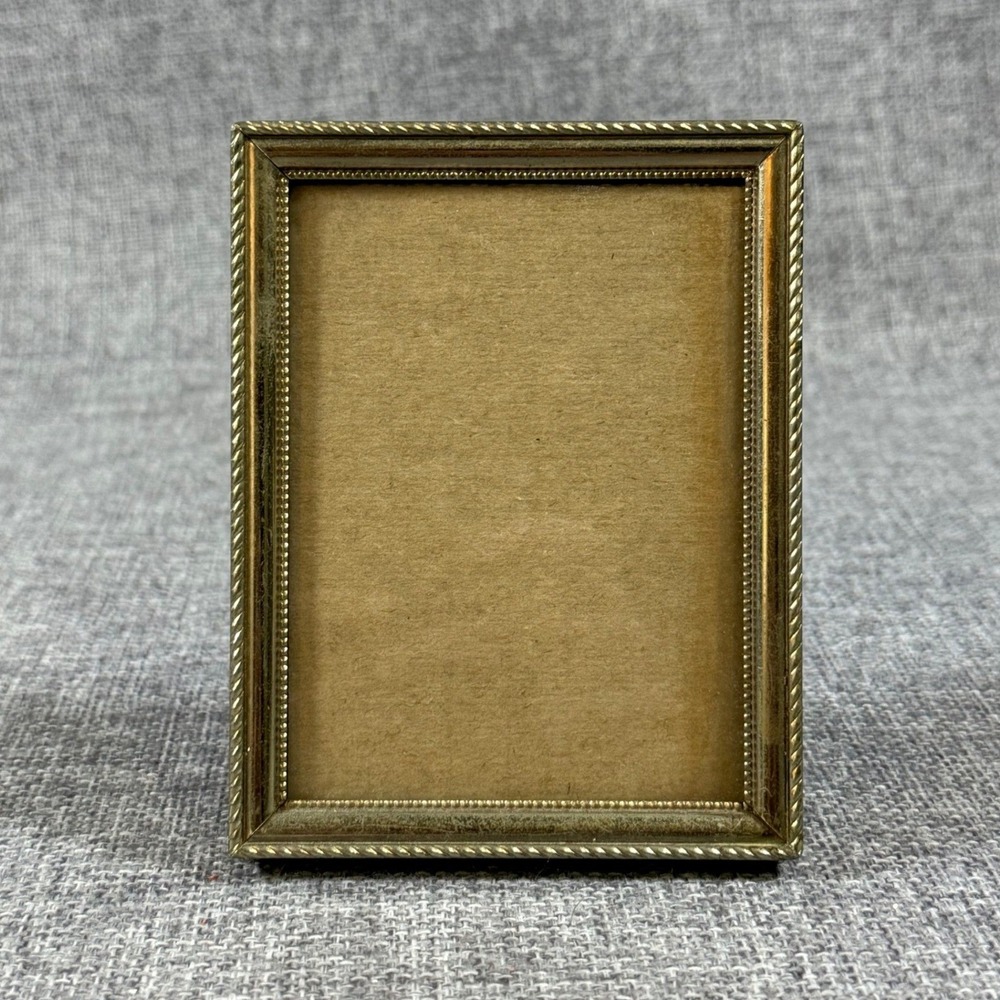 VTG Small Gold Metal Picture Frame 4.5x3.5 Mini Ornate Rope Filigree Easel Back